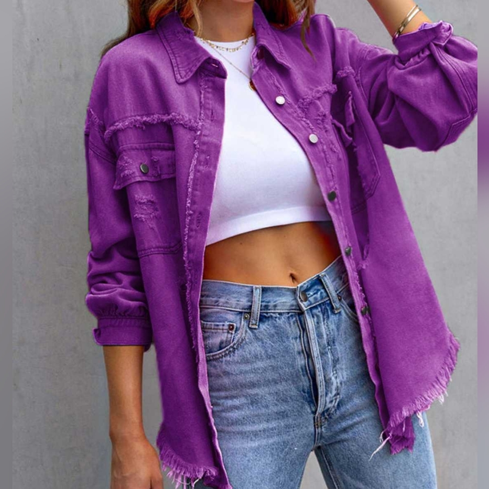 Rugged Vogue Distressed Denim Jacket - Dark Purple